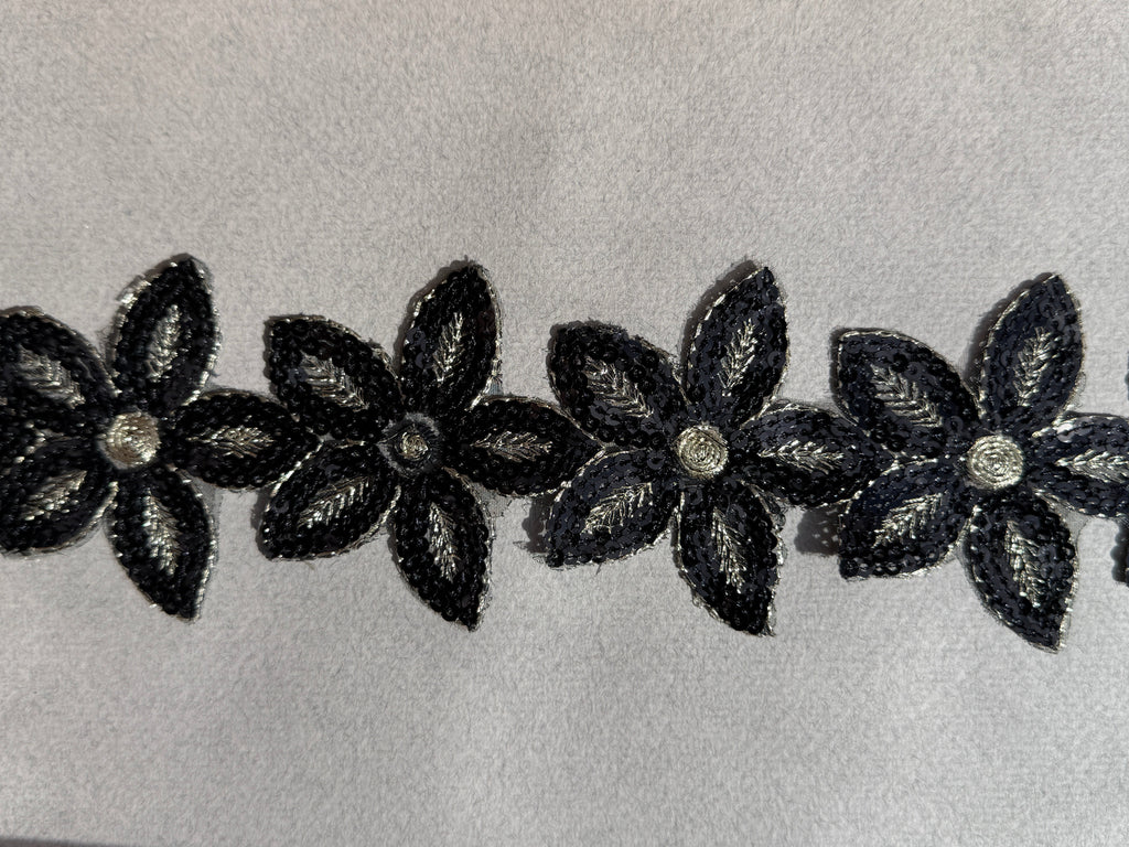 Black floral trim with gold and sequins 60mm SP Haberdashery Auckland NZ