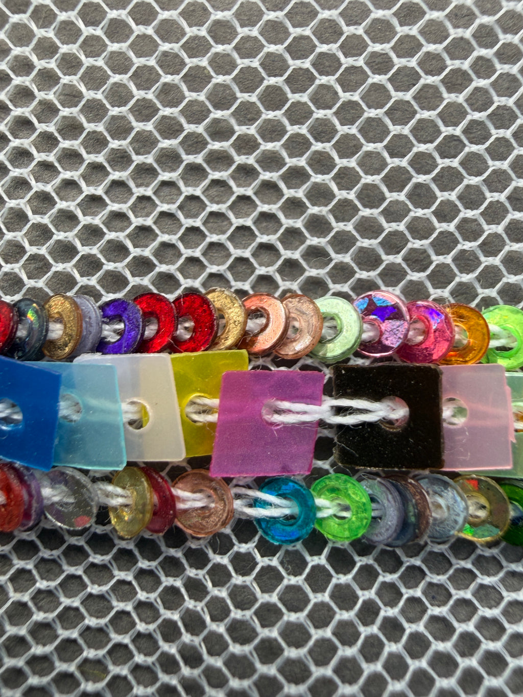  Close up Colourful sequinssewn on net trim SP Haberdashery Auckland NZ