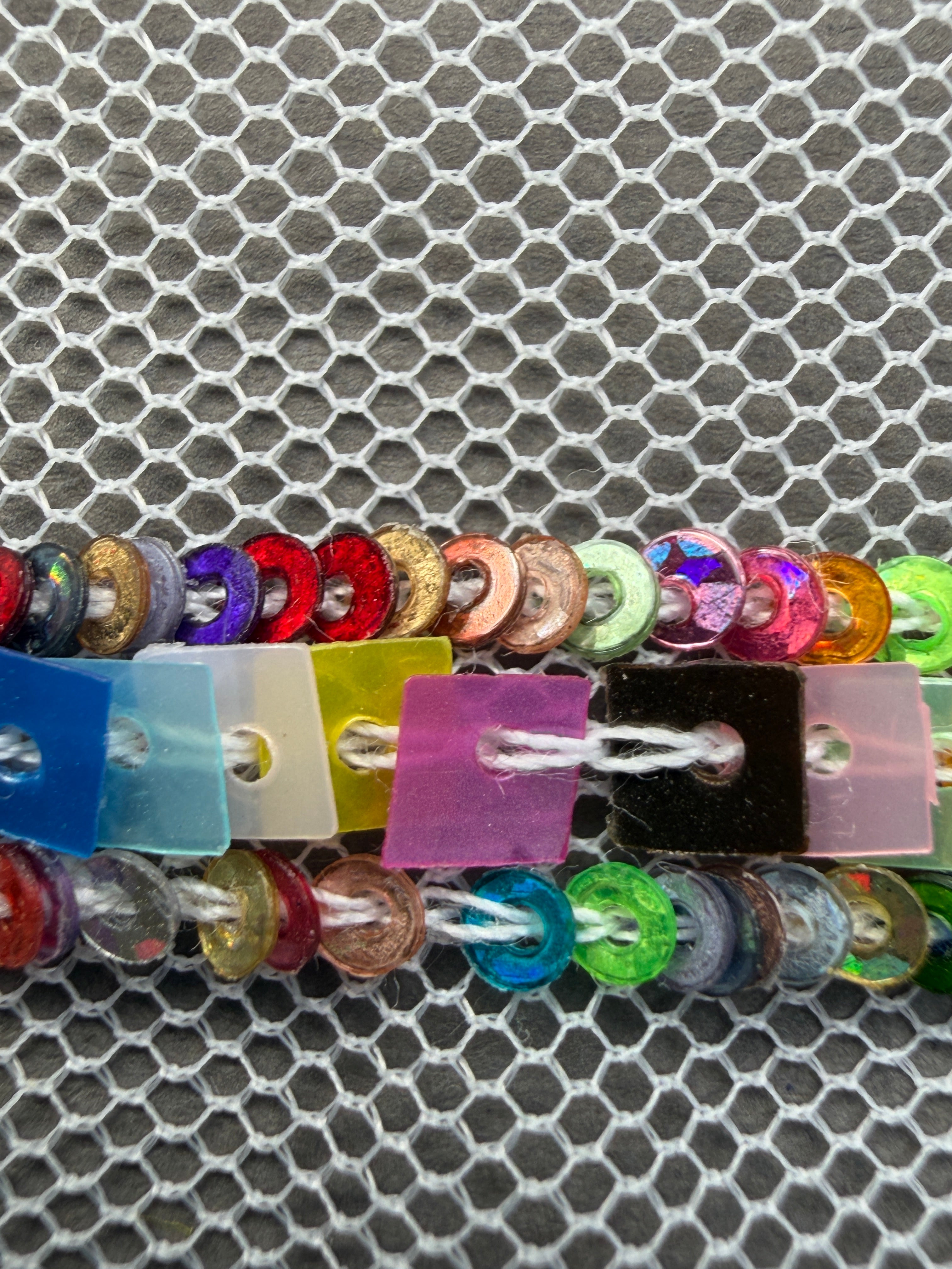  Close up Colourful sequinssewn on net trim SP Haberdashery Auckland NZ