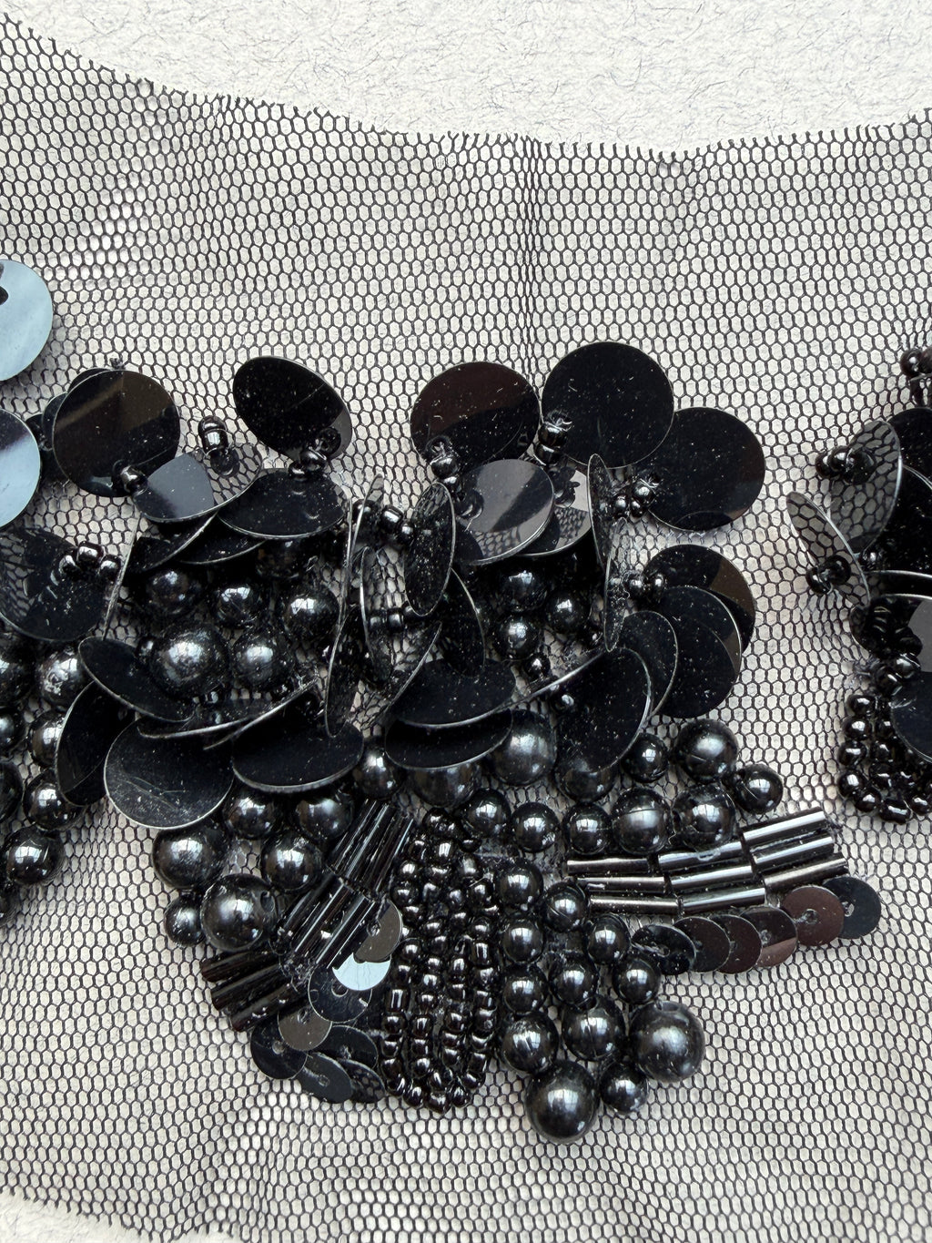 Close up black equi and bead on net trim   SP Haberdashery Auckland NZ