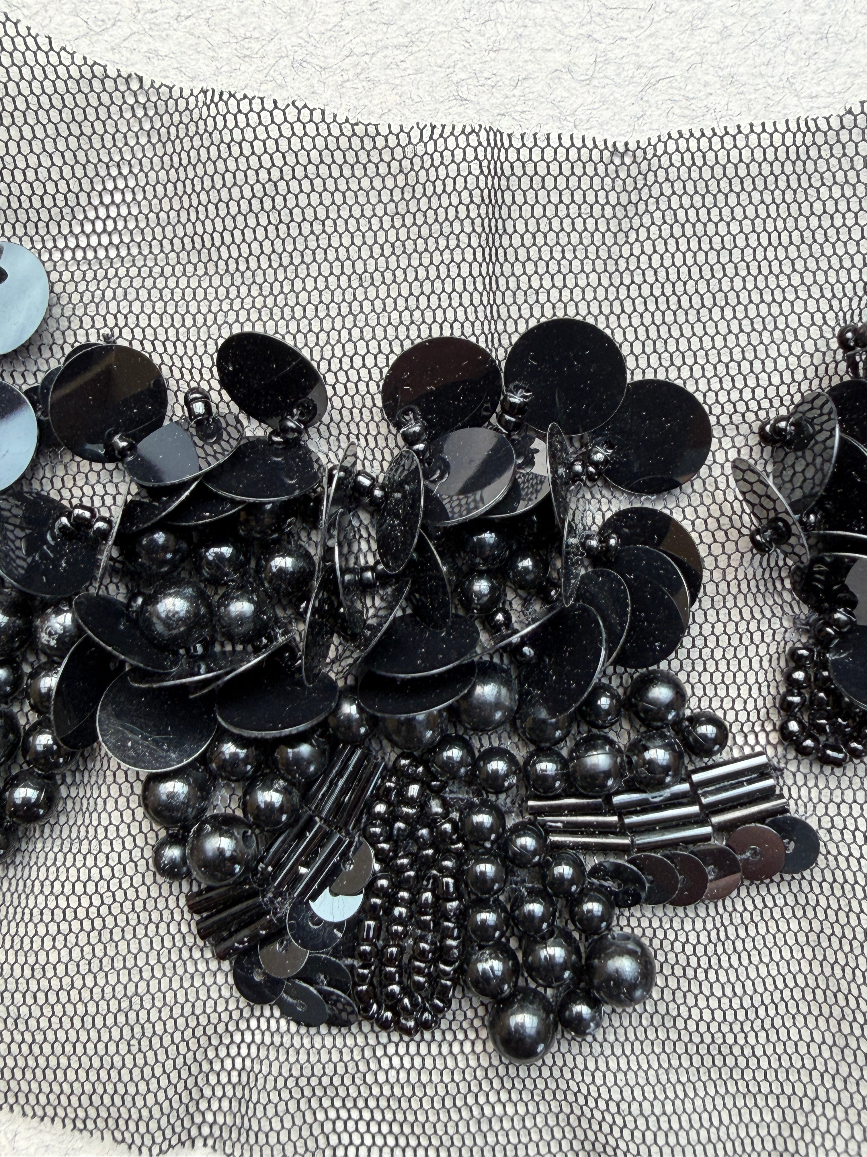 Close up black equi and bead on net trim   SP Haberdashery Auckland NZ