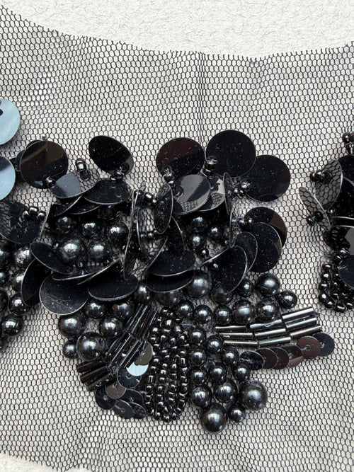 Close up black equi and bead on net trim   SP Haberdashery Auckland NZ