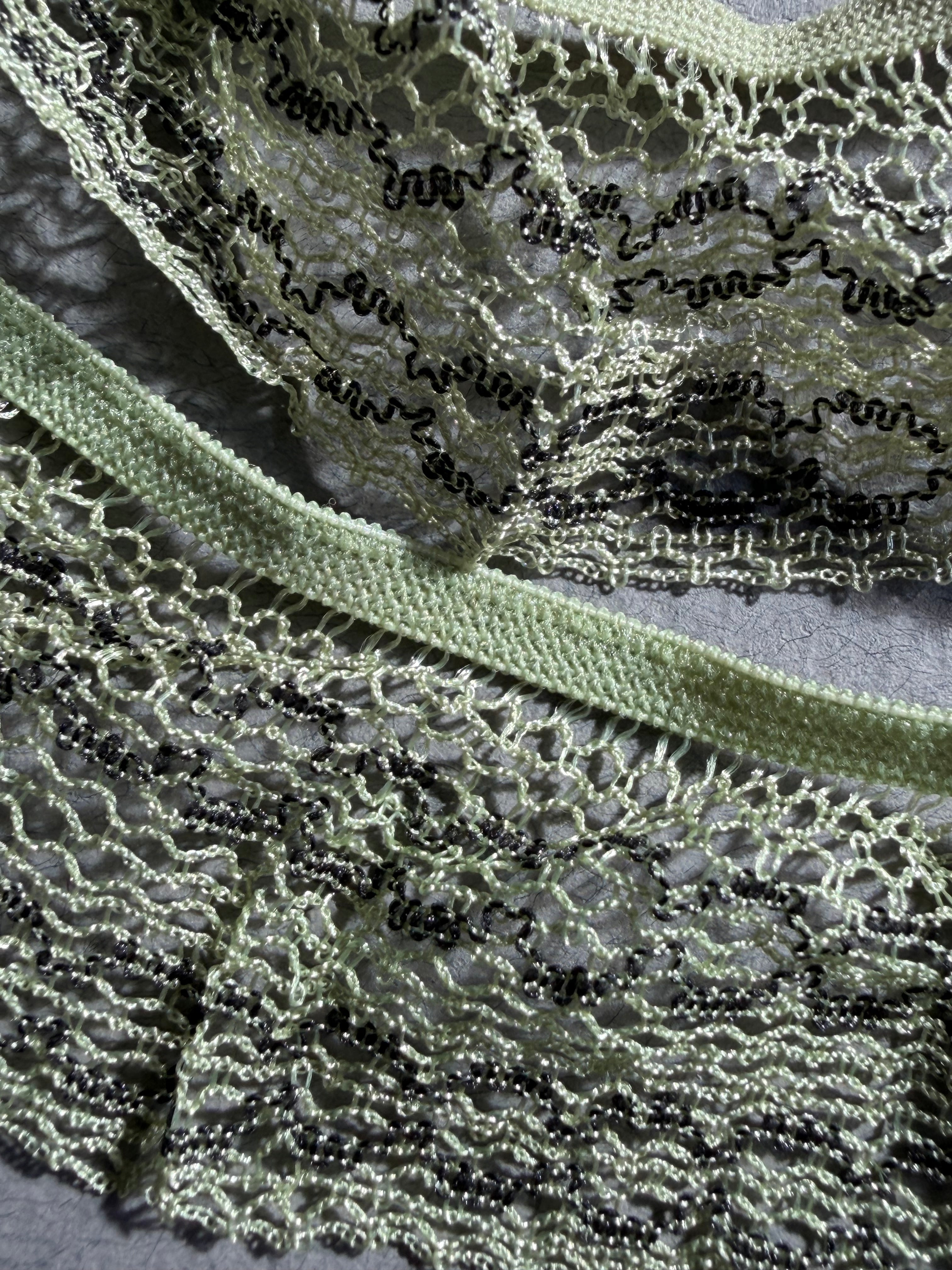 Close up green elastic lace trim 40mm SP Haberdashery Auckland NZ