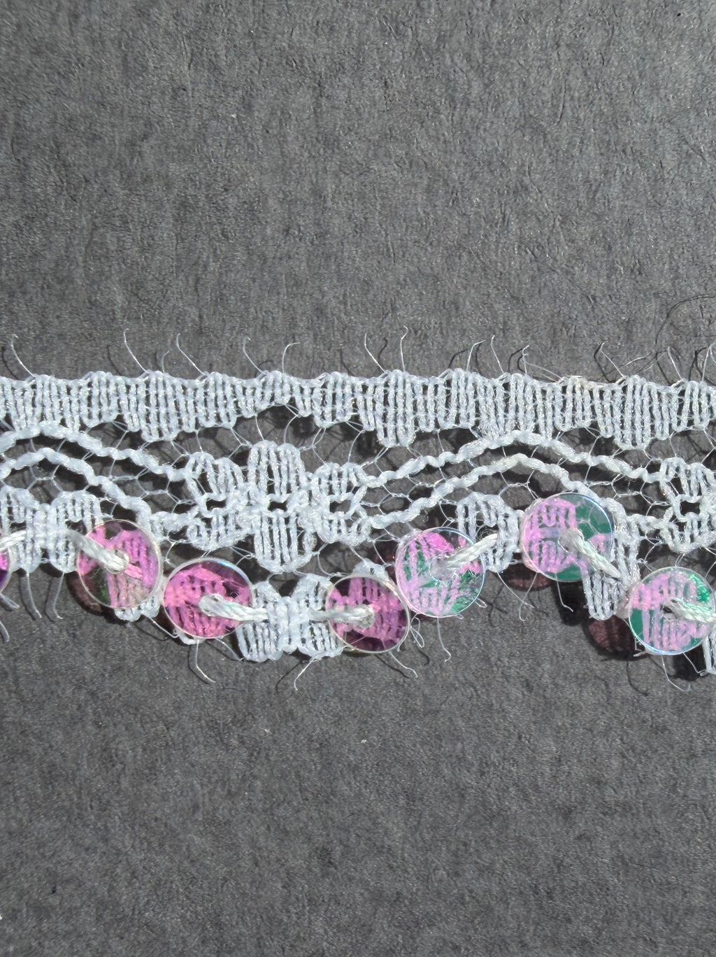 Close up narrow lace trim pinl sequins SP Haberdashery Auckland NZ