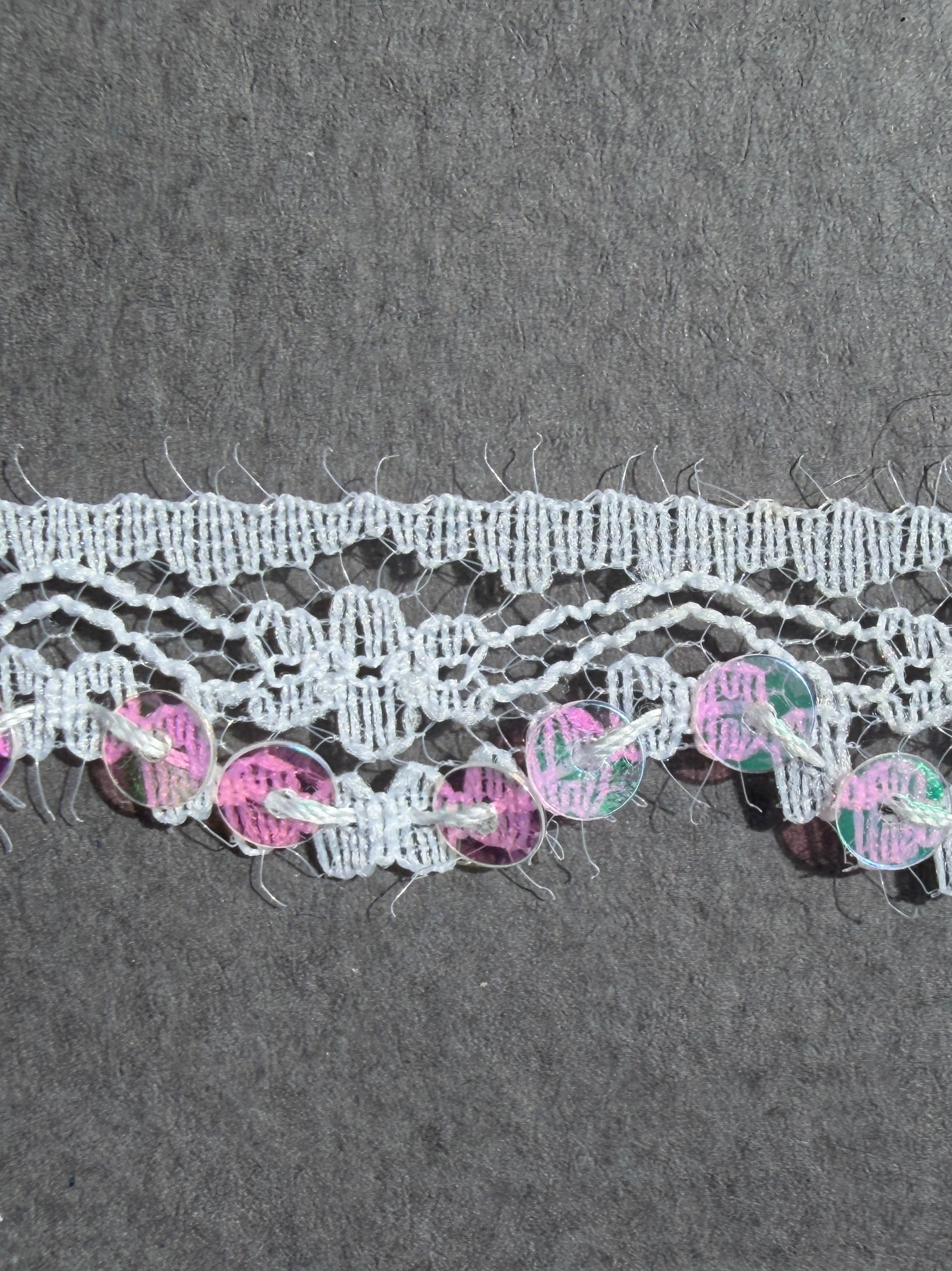 Close up narrow lace trim pinl sequins SP Haberdashery Auckland NZ