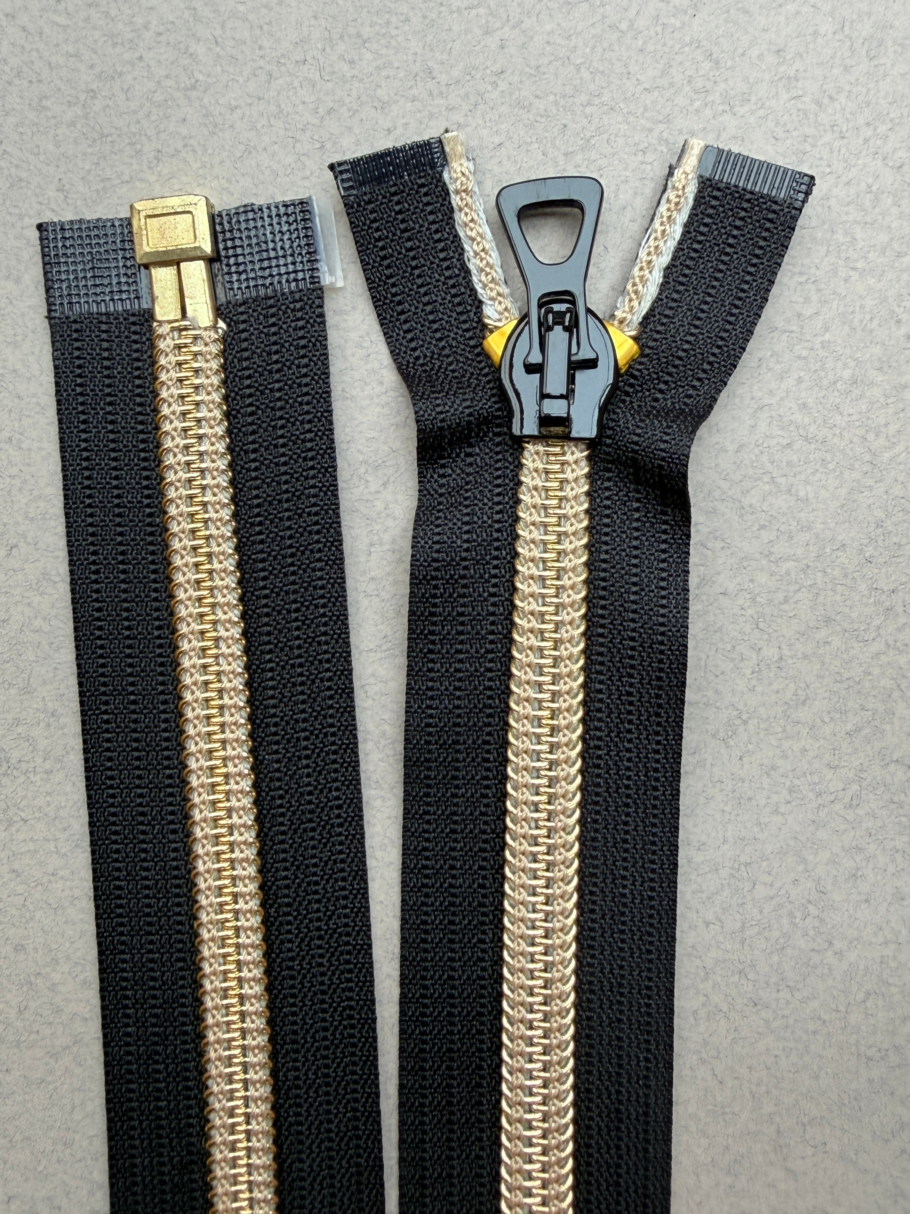 Close up of both ends Meras open end black gold zip SP Haberdashery Auckland NZ