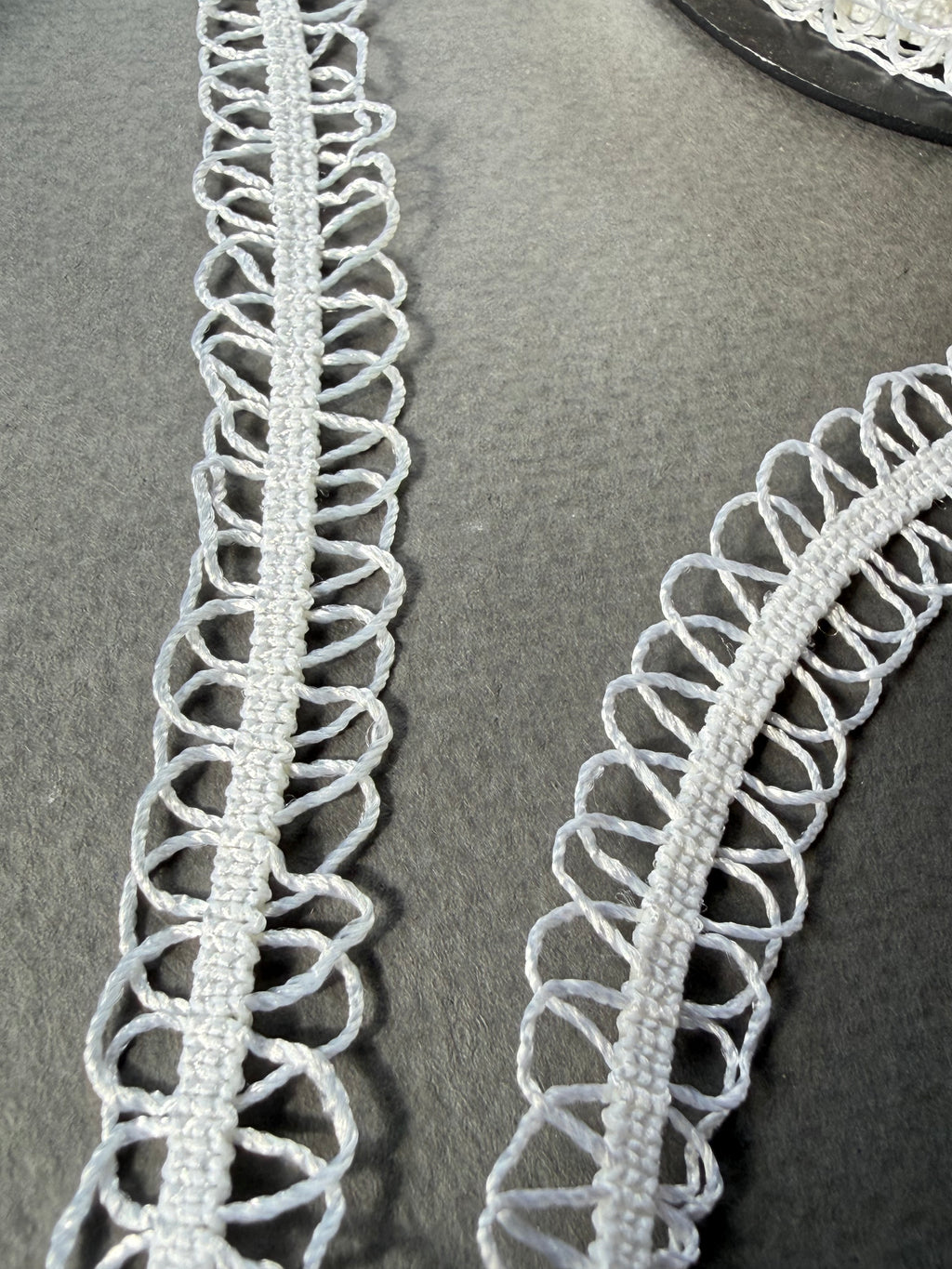 Close up white elastic loopy trim SP Haberdashery Auckland NZ