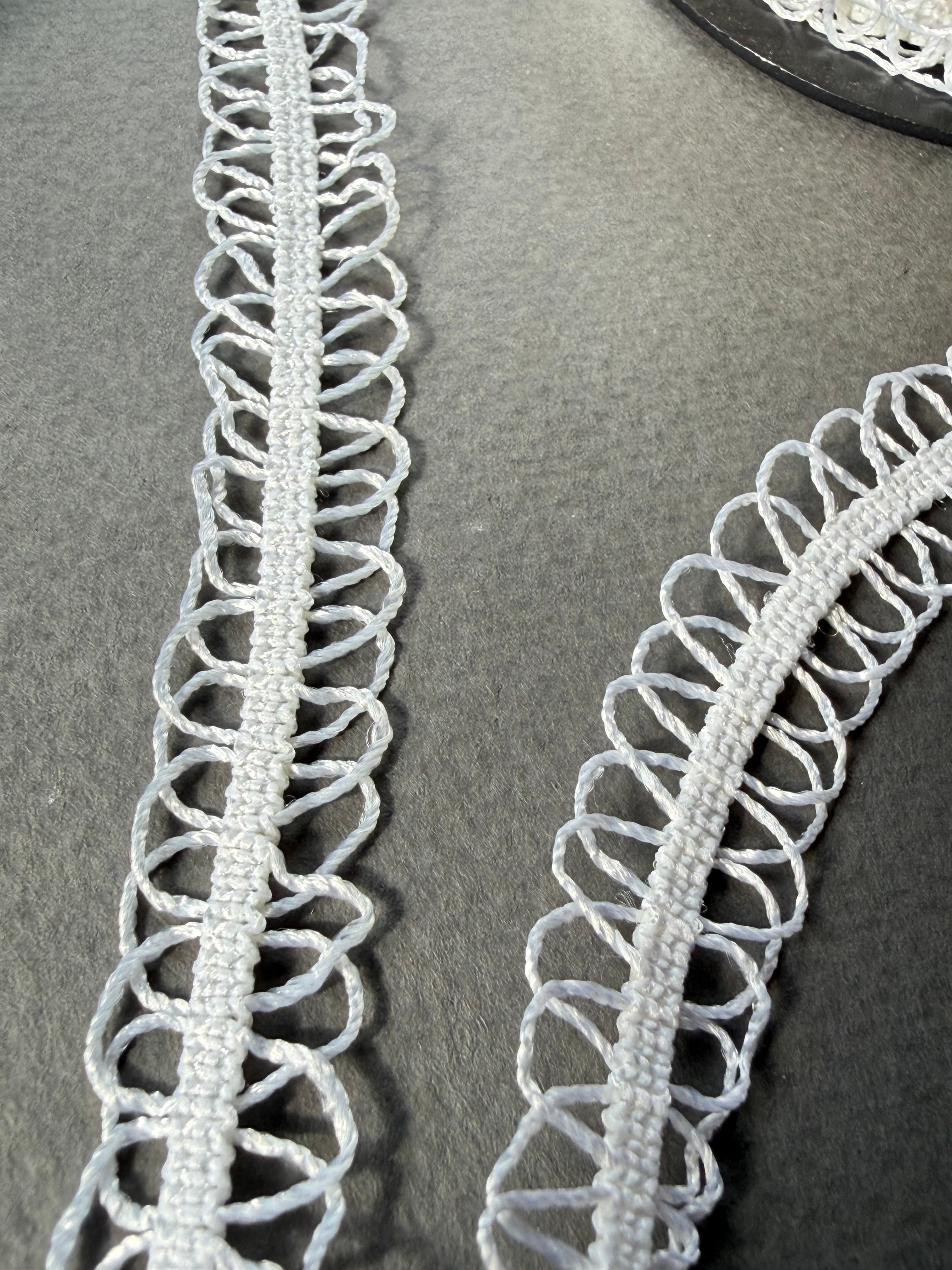Close up white elastic loopy trim SP Haberdashery Auckland NZ