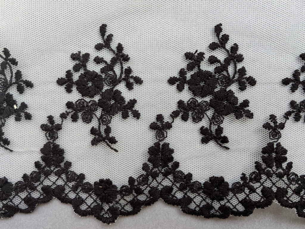 Close up white net trim with black embroidery SP Haberdashery Auckland NZ