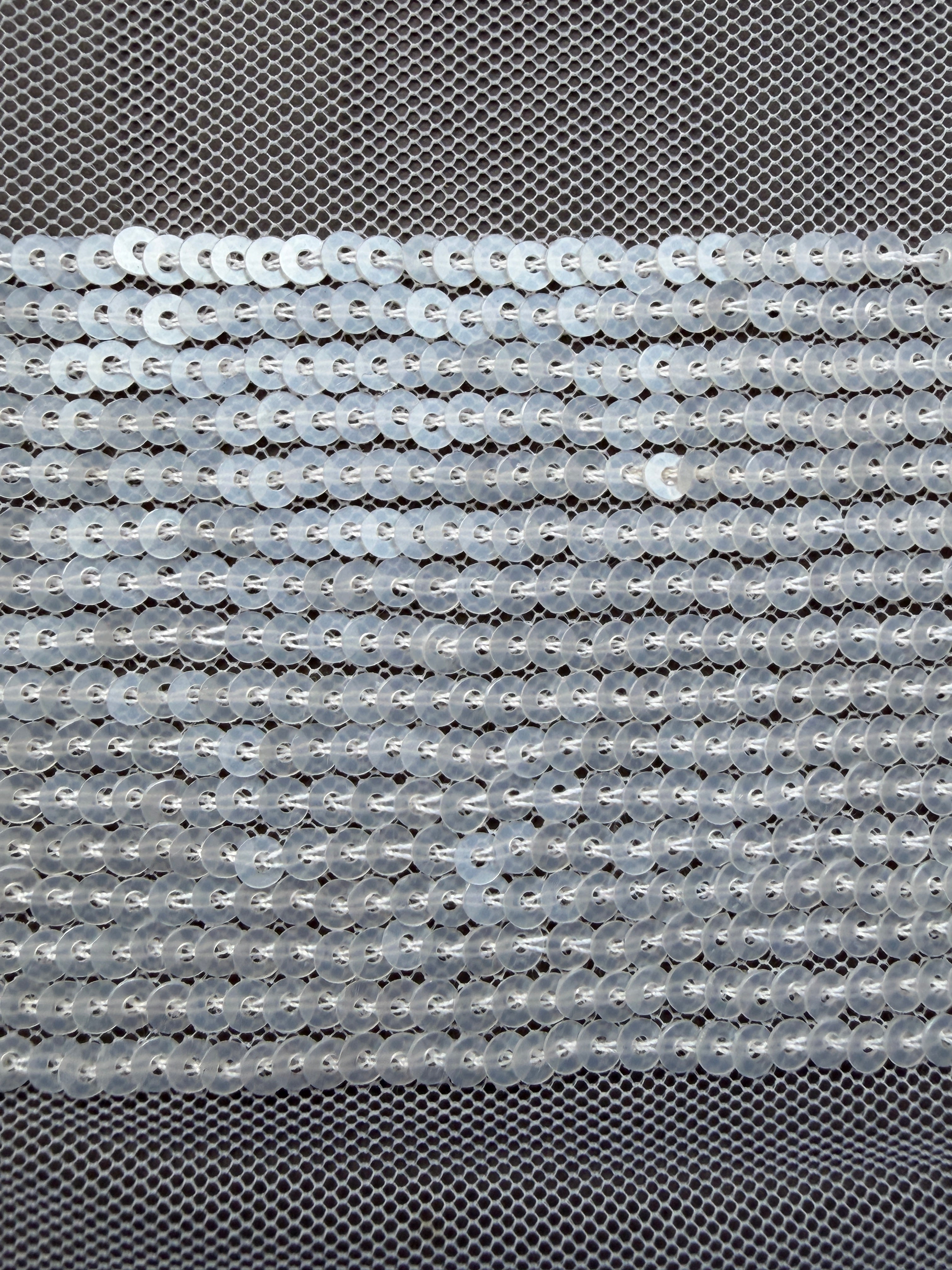 Close up white sequin trim  on net SP Haberdashery Auckland NZ