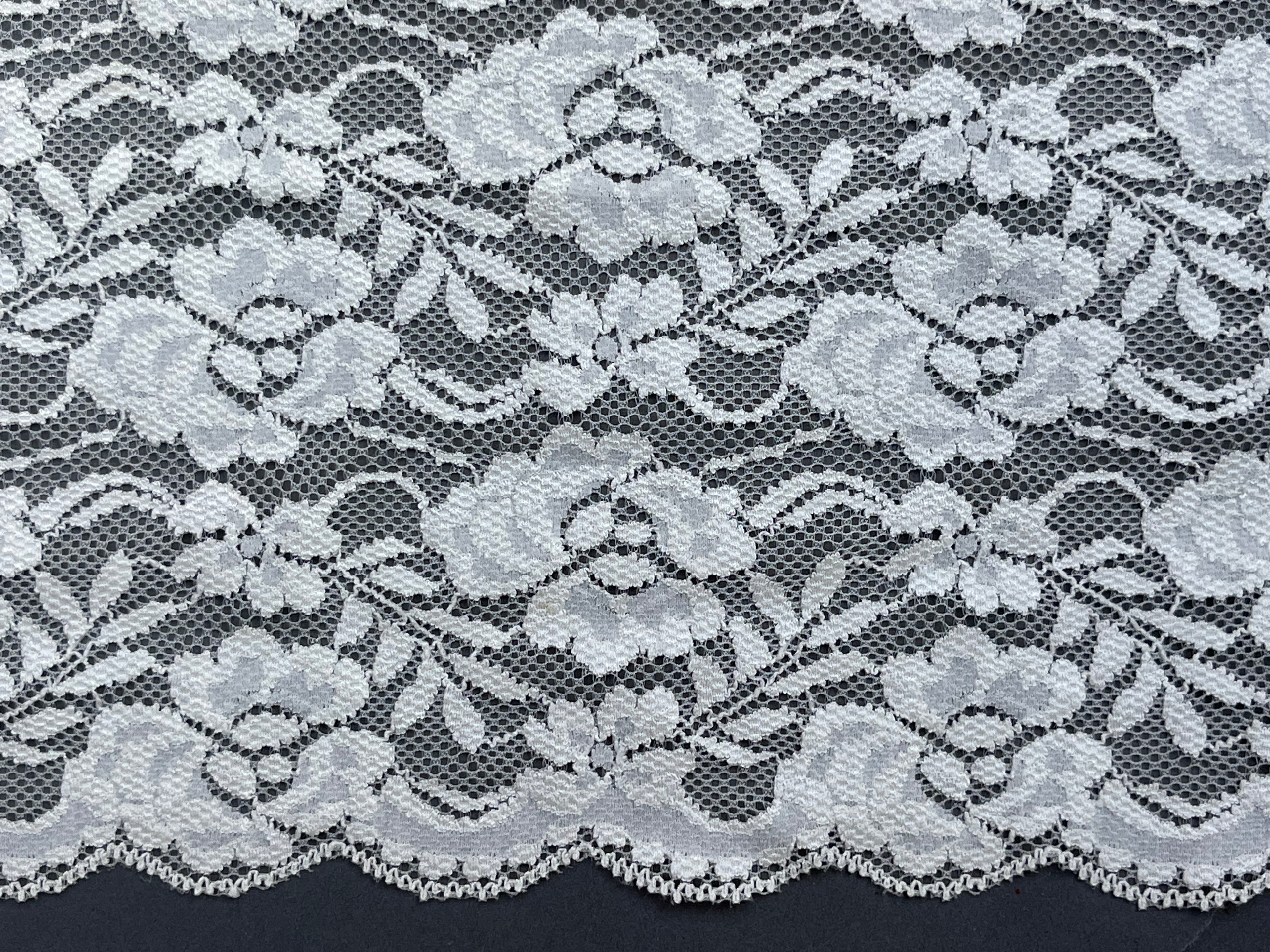 Close up white stretch floral lace trim SP Haberdashery Auckland NZ