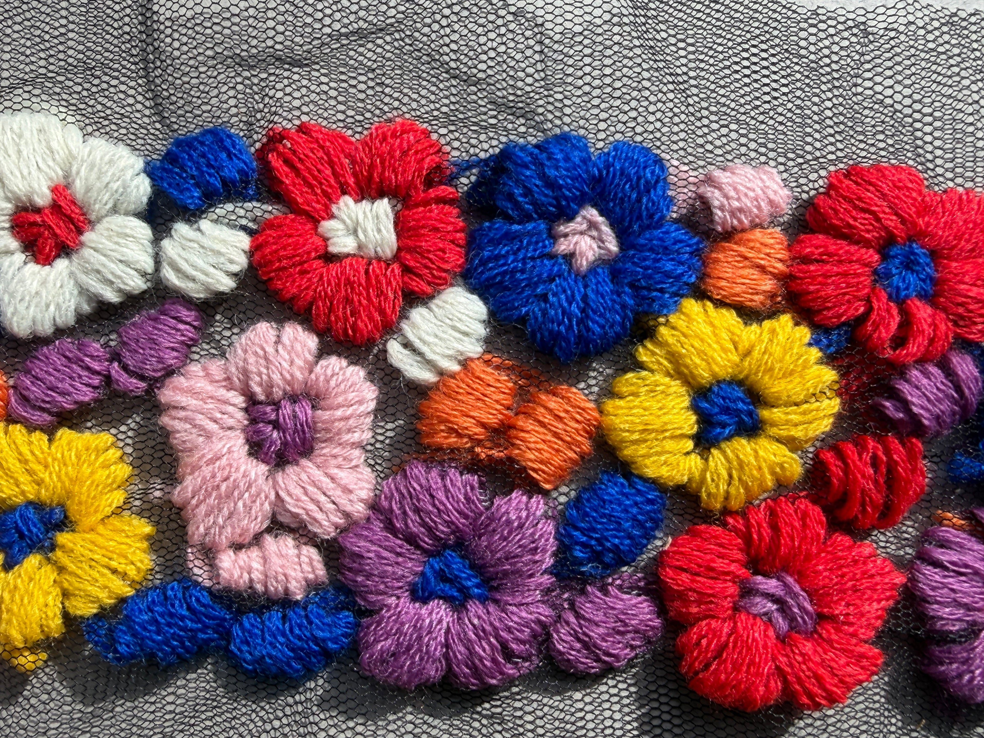 Close up wool embroidered flowers on net trim SP Haberdashery Auckland NZ
