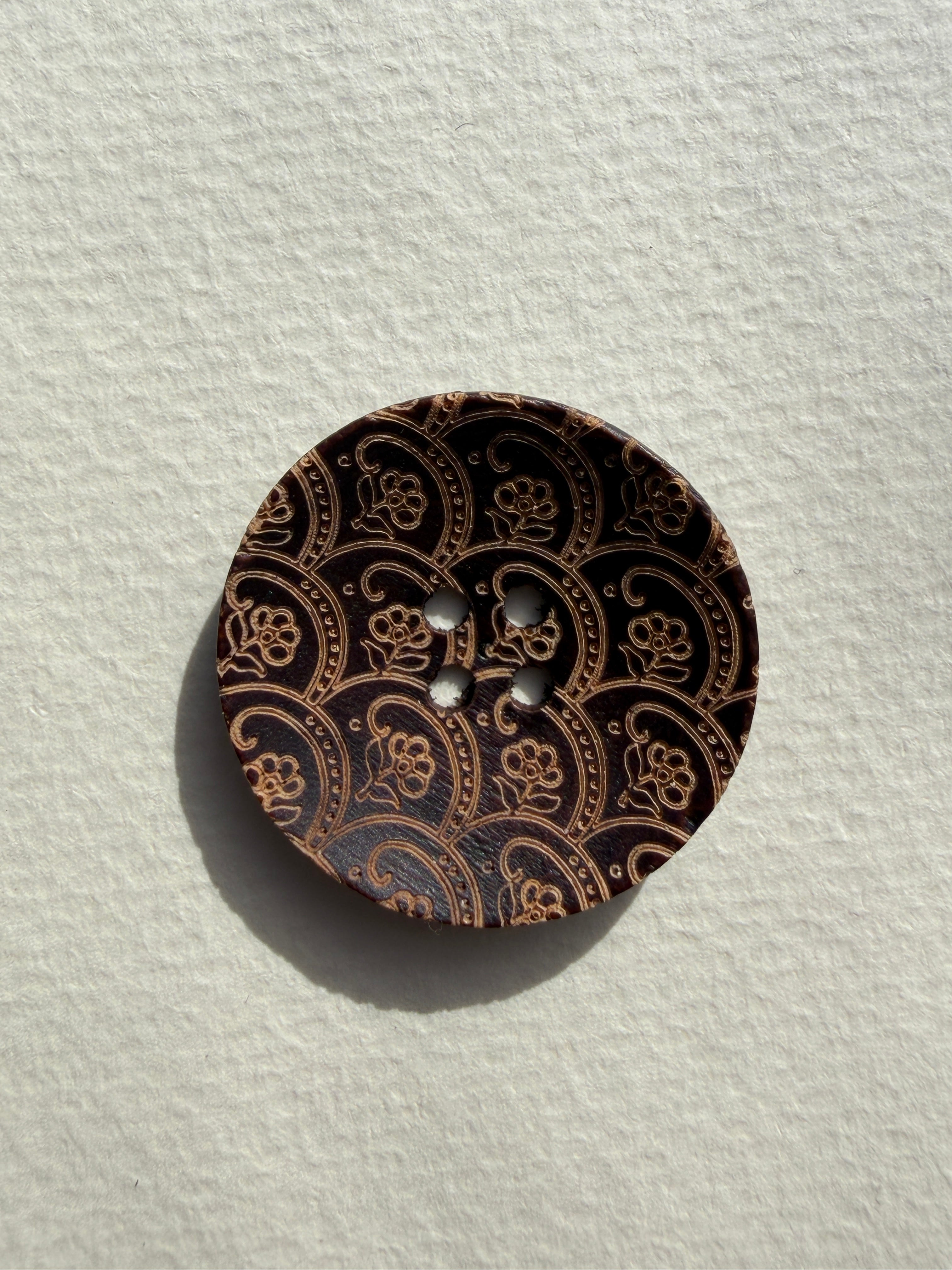 Concave wood etched design button Sp Haberdashery Auckland NZ
