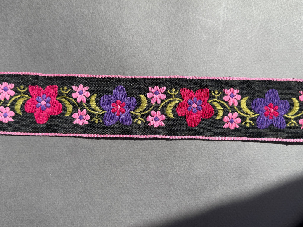 Braid black with red hue flowers embroidered  50mm wide SP Haberdashery Auckland NZ