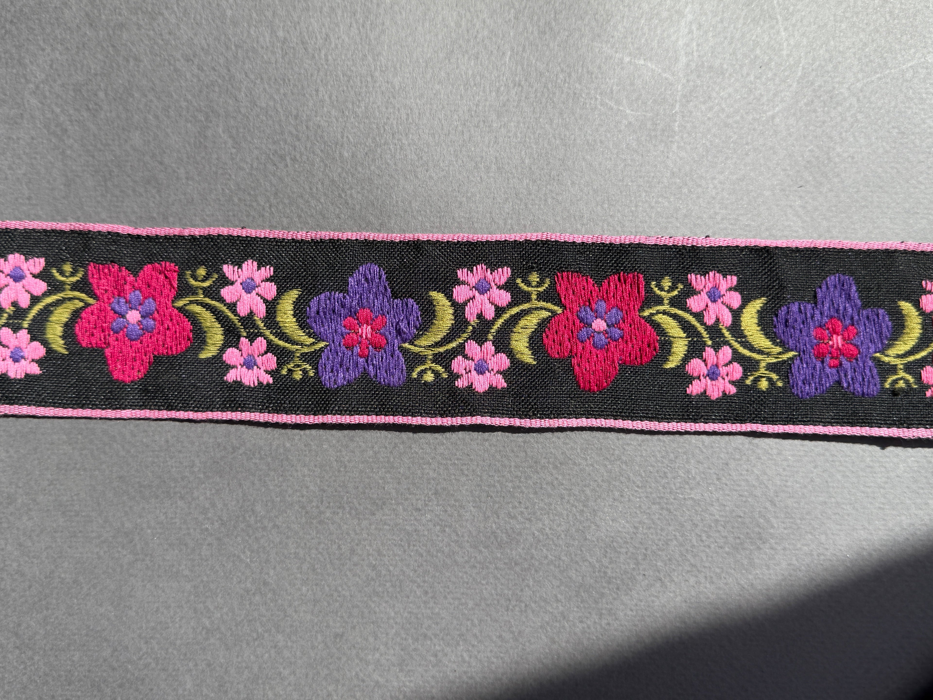 Braid black with red hue flowers embroidered  50mm wide SP Haberdashery Auckland NZ