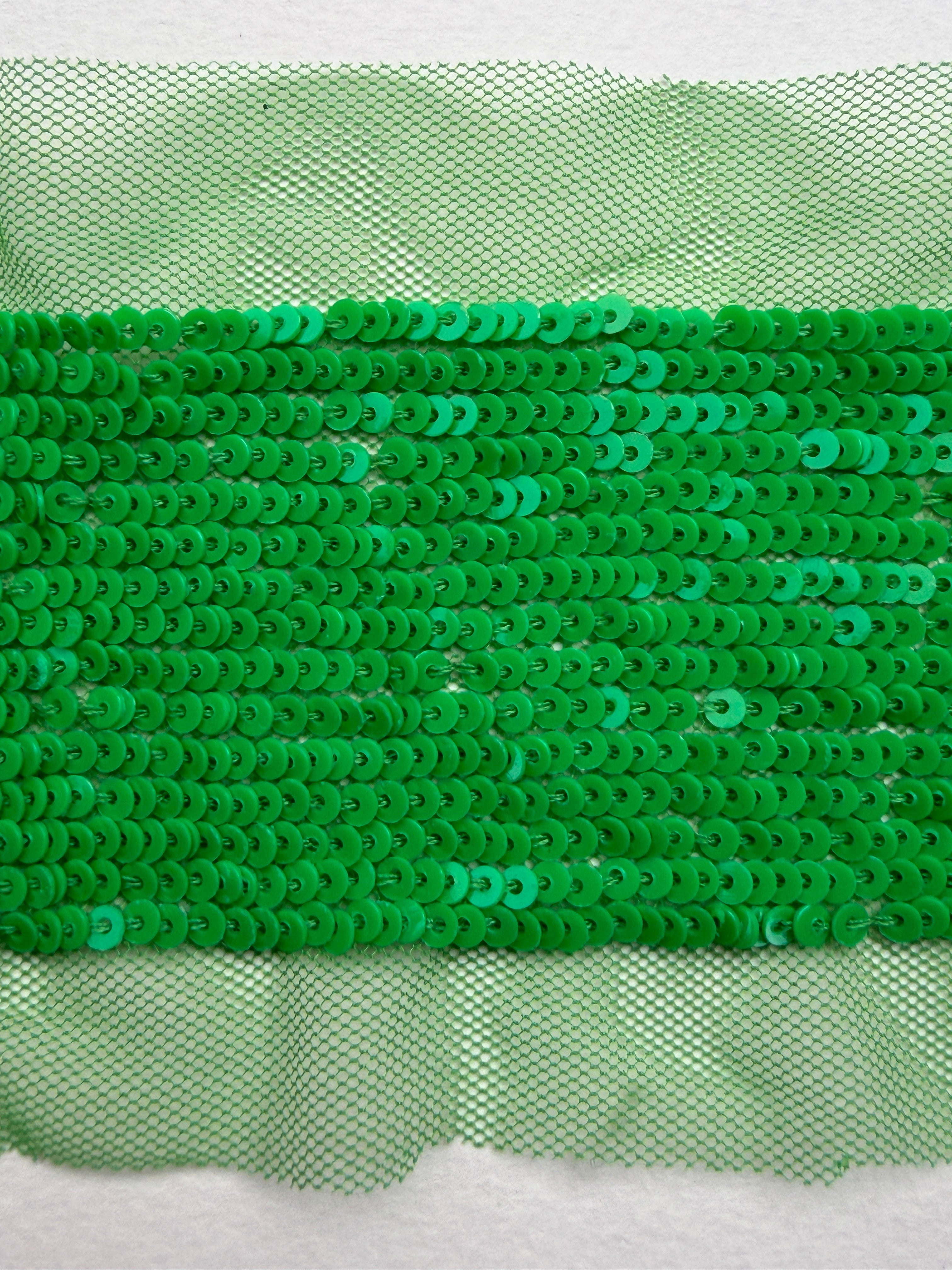 Green sequins sewn on net trim  SP Haberdashery Auckland NZ