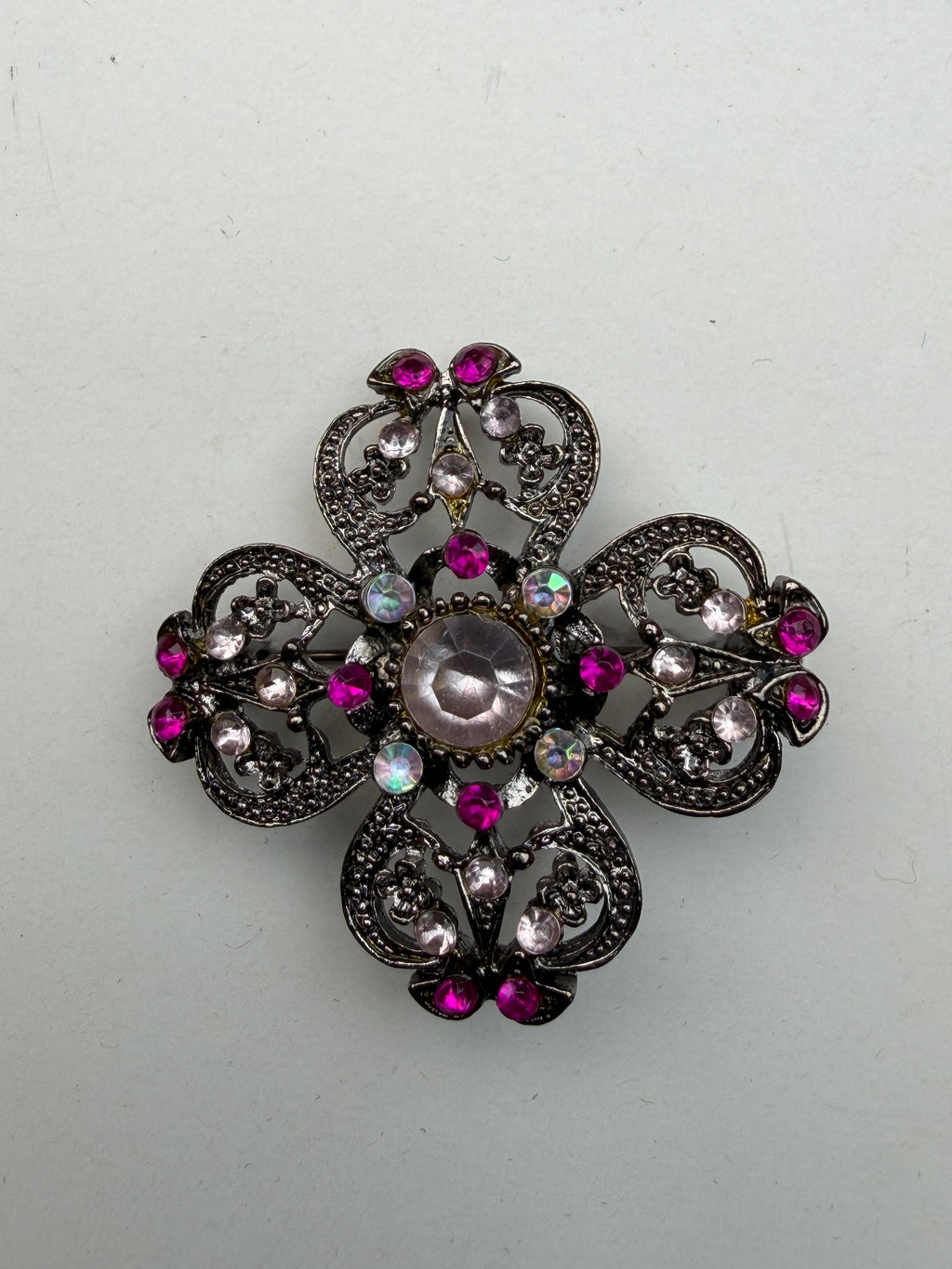 Decorative metal brooch with pink and crystal diamantes 40mm