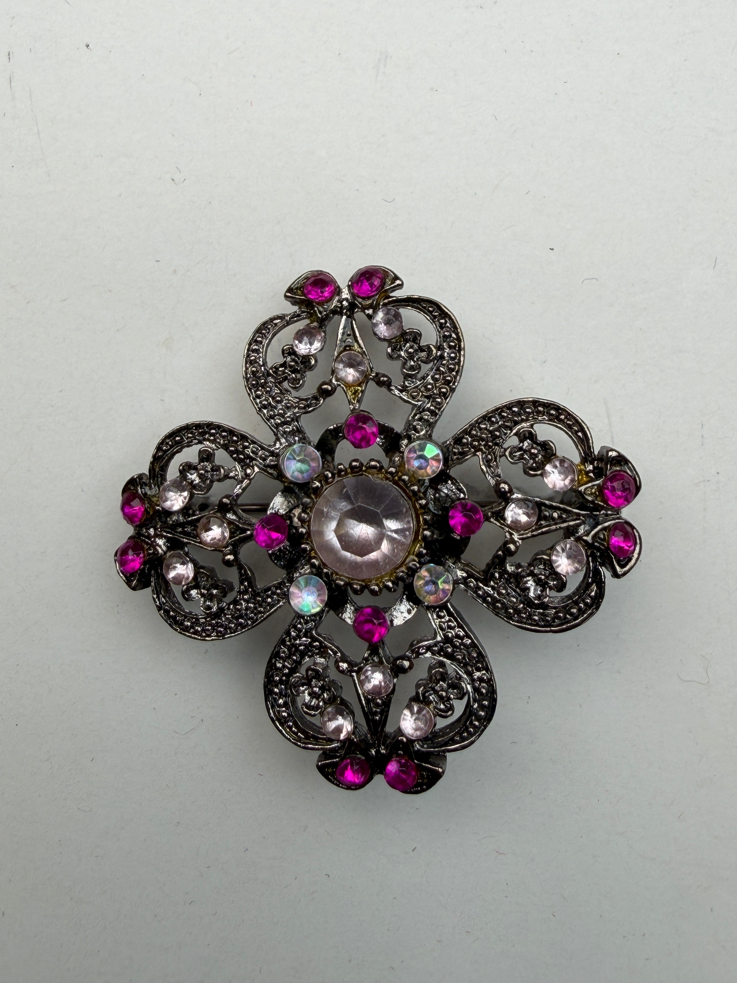 Decorative metal brooch with pink and crystal diamantes 40mm
