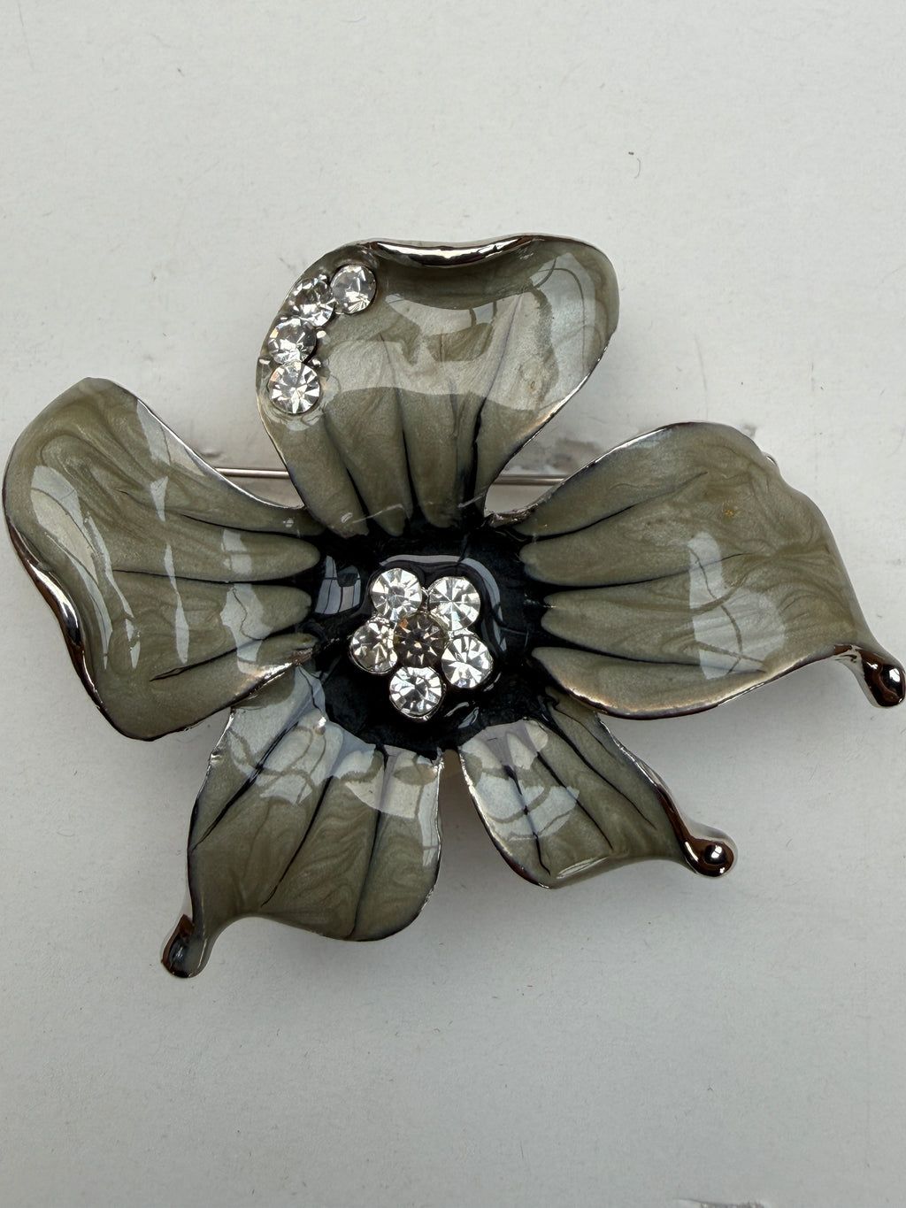 Floral metal brooch grey enamel with diamantes 55mm