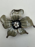 Floral metal brooch grey enamel with diamantes 55mm