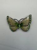 Butterfly shapes metal brooch, green enamel and diamantes 40mm