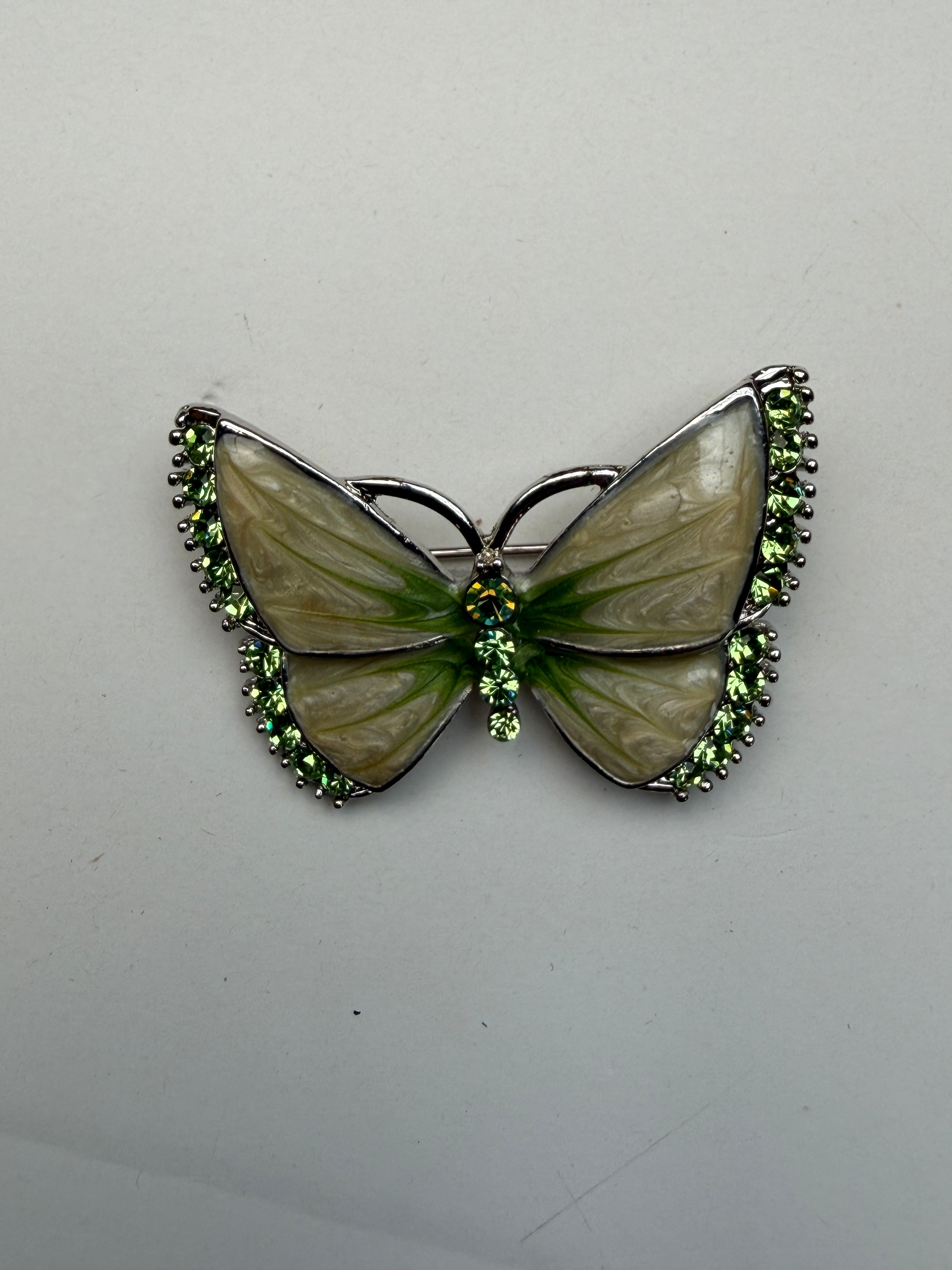 Butterfly shapes metal brooch, green enamel and diamantes 40mm