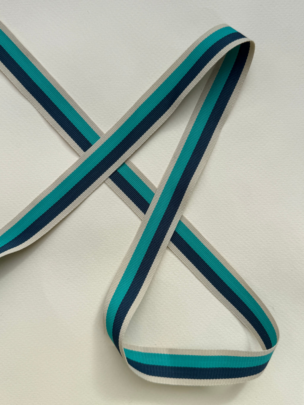 Ecru blue stripe woven ribbon 20mm