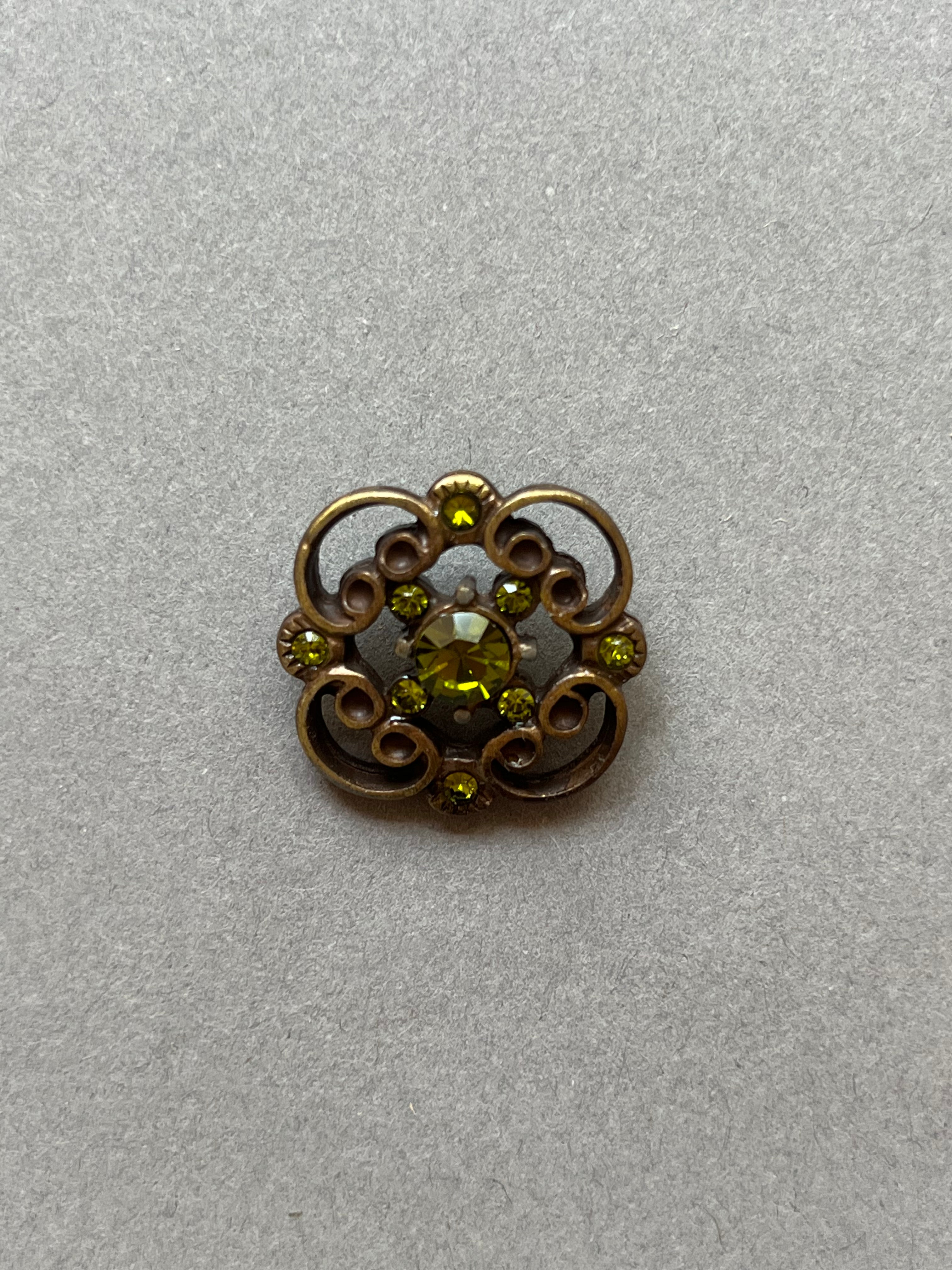 Metal filigree with green diamantes shank button SP Haberdashery Auckland NZ