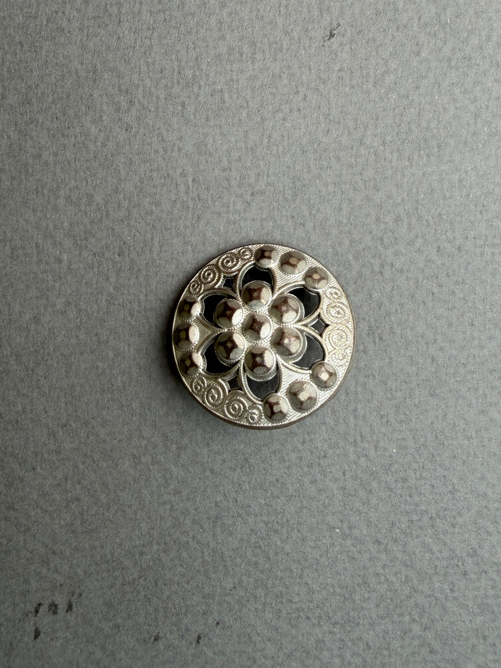 Metal Pewter ornate shank button 28mm SP Haberdashery Auckland NZ