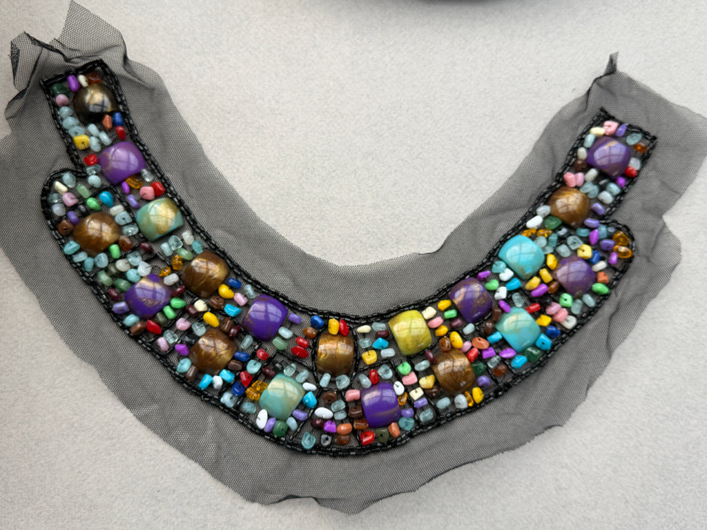 Multi coloured bead on black net  neckline trim SP Haberdasheru Auckland NZ