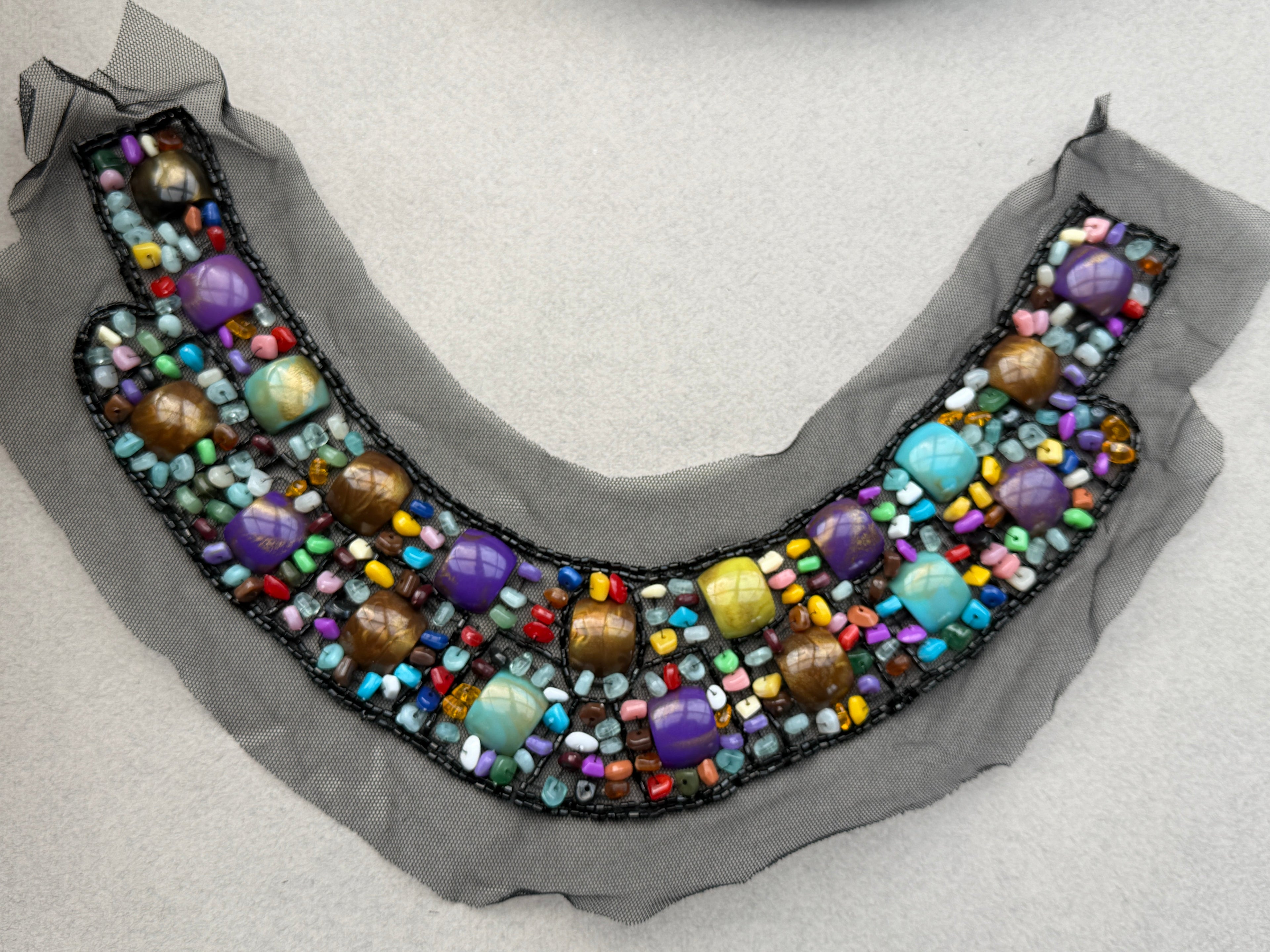 Multi coloured bead on black net  neckline trim SP Haberdasheru Auckland NZ