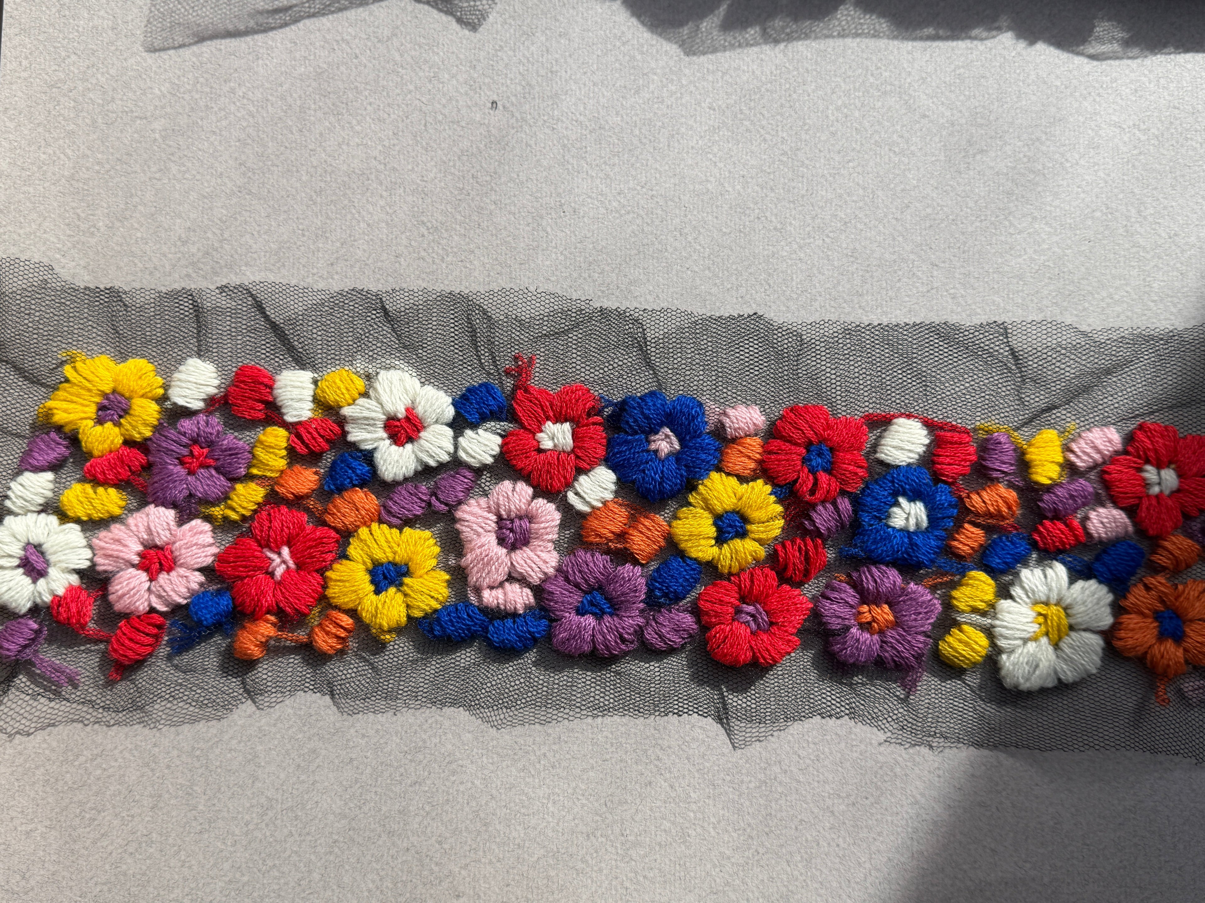 Wool Flower Colourful embroidered on net trim 100mm wide SP Haerdashery Auckland NZ