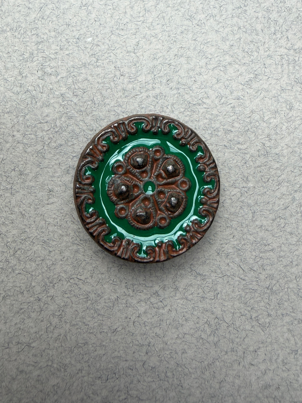 Metal shank button with classic motif and green enamel 30mm SP Haberdashery Auckland NZ