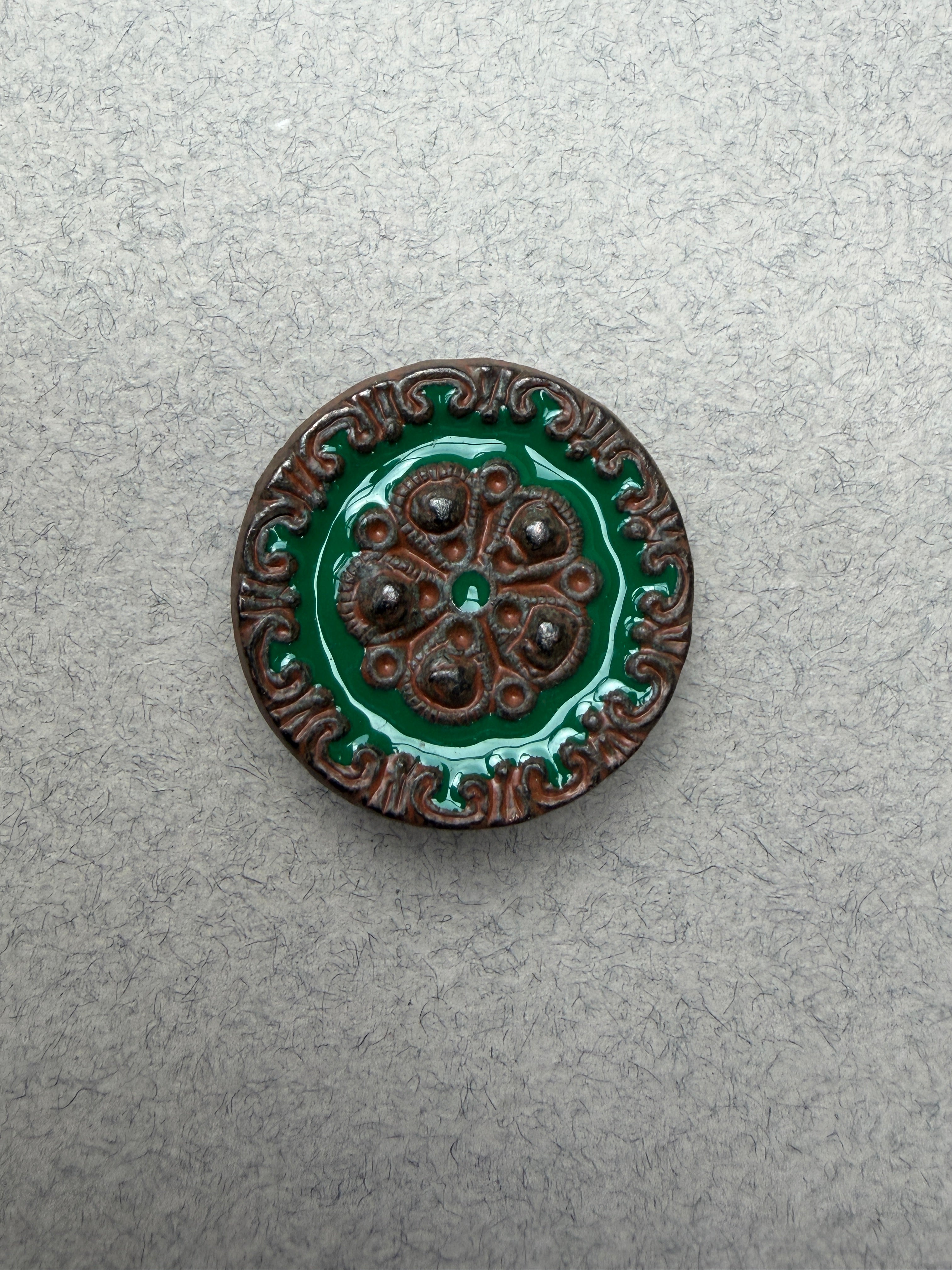 Metal shank button with classic motif and green enamel 30mm SP Haberdashery Auckland NZ