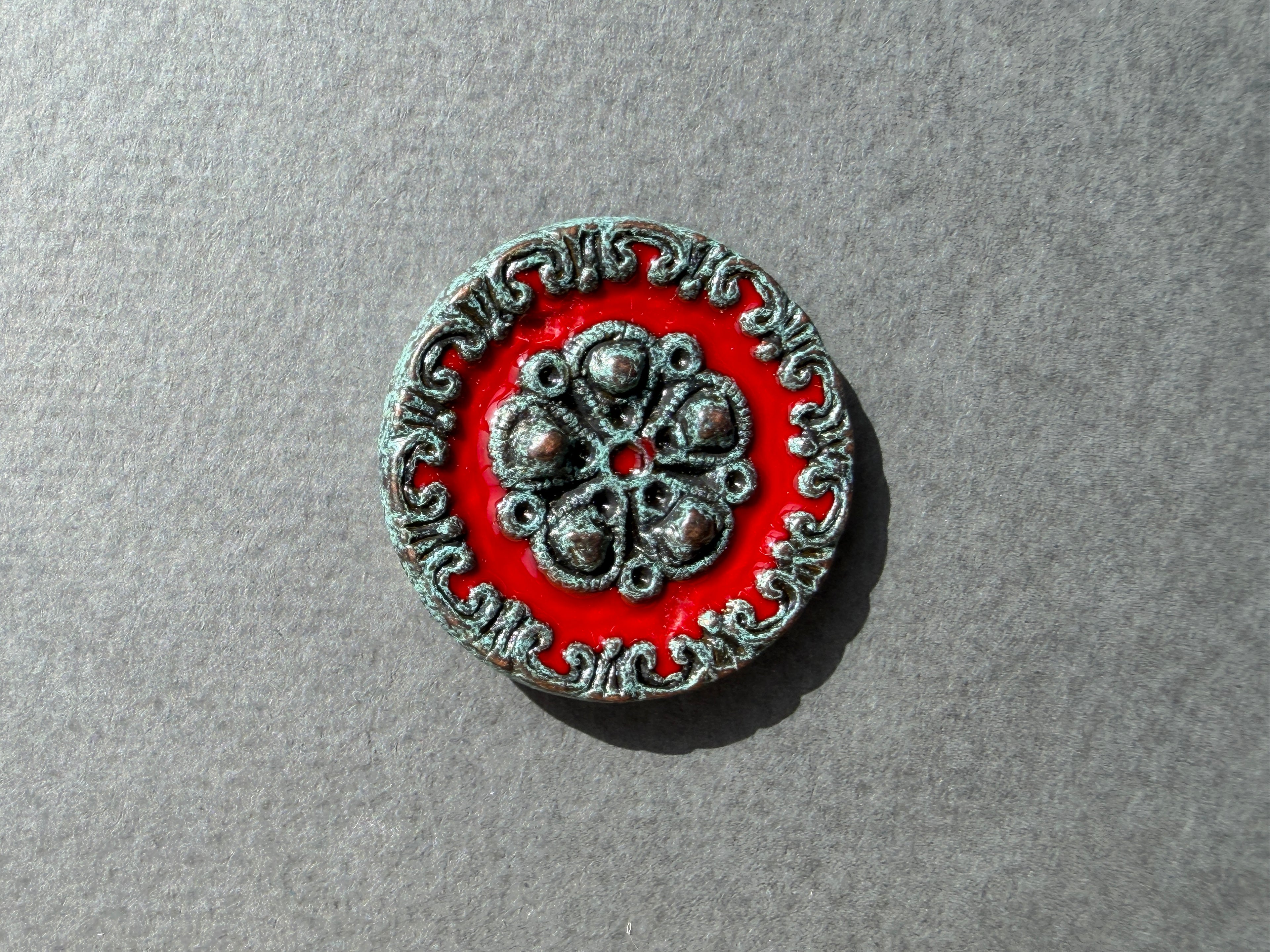 Ornate metal shank red enamel inlay button SP Haberdashery Auckland NZ