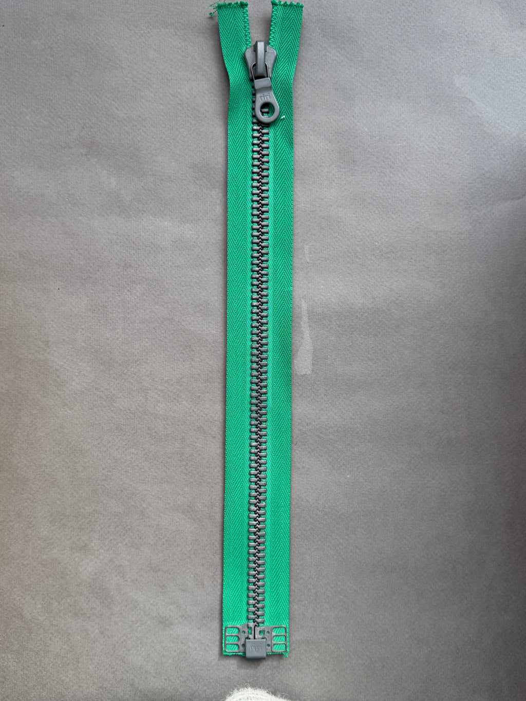 Riri open end metal zip, green and grey  34cm heavy duty SP Haberdashery Auckland NZ