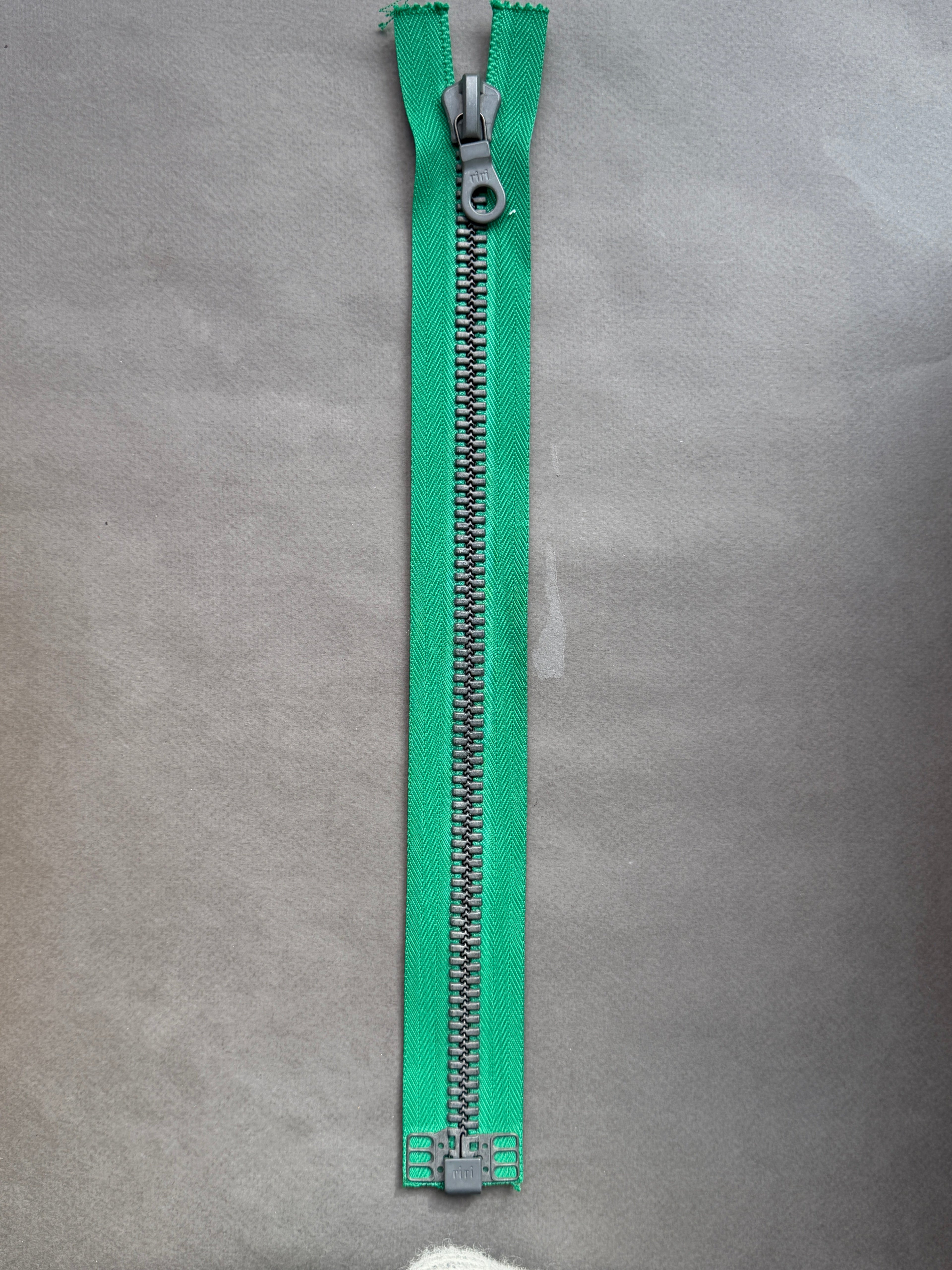Riri open end metal zip, green and grey  34cm heavy duty SP Haberdashery Auckland NZ