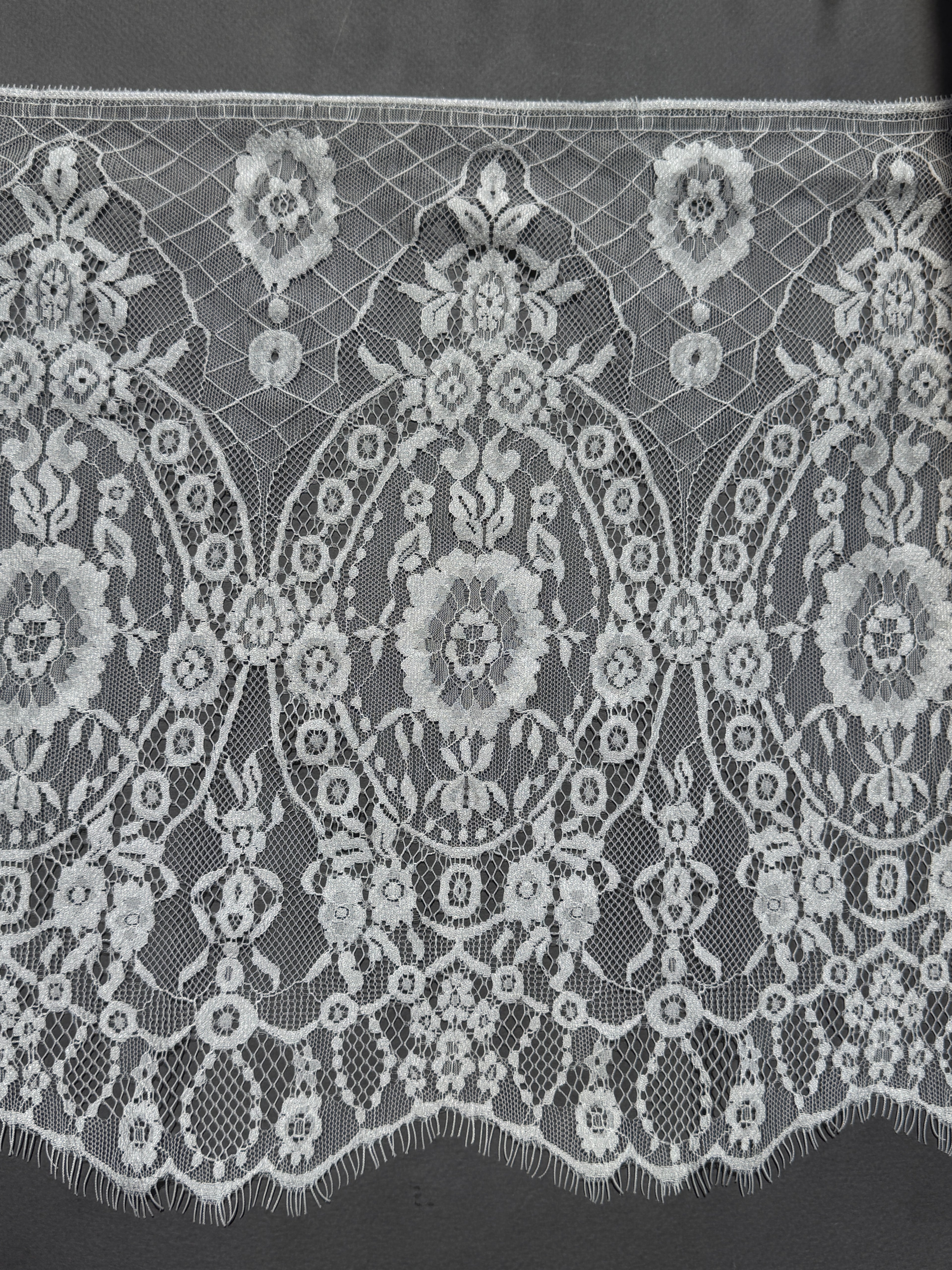 White lace trim 340mm wide, scallop edge with eyelash fringe 3metre piece SP Haberdashery Auckland NZ